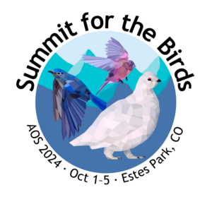 Image has three stylized birds inside a circle containing a mountain background: a white tailed ptarmigan, a brown-capped rosy finch in flight, and a western bluebird in flight. Text wraps around the image stating: Summit for the Birds, AOS 2024, October 1-5, Estes Park, Colorado