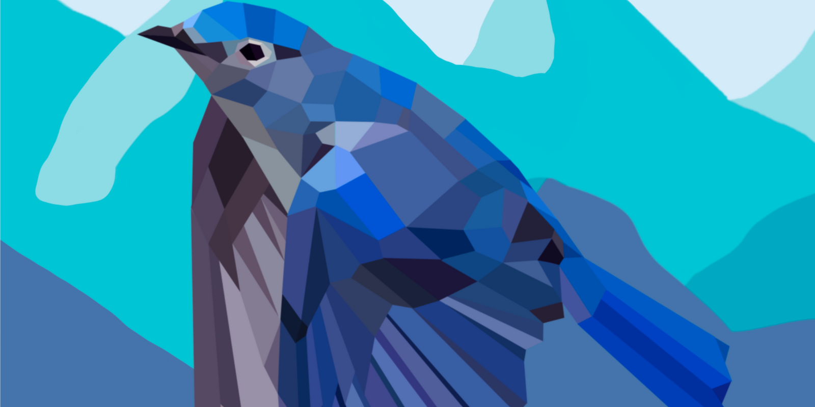 Stylized Mountain Bluebird in flight. Illustration by Meg Mahoney.