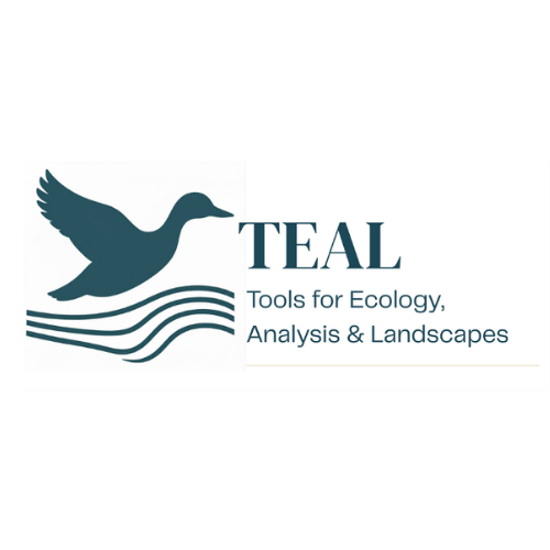 TEAL logoTools for ecology, analysis & landscapes in green with silhouetted flying duck
